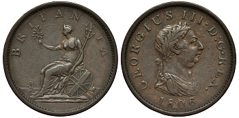 Великобритания 1 пенни 1806 Георг III (1760-1820) KM 663, Spink 3780 медь 1524-1323