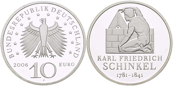 ФРГ 10 евро 2006 F, Карл Фридрих Шинкель KM 245, DE.S 10.26 серебро PROOF 1085-5-71