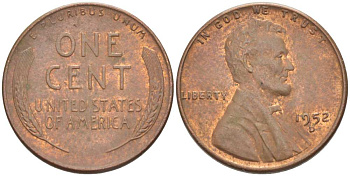США 1 ЦЕНТ 1952 D, ЛИНКОЛЬН KM А132 медь цинк 3309-651