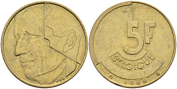 Бельгия 5 франков 1988 Belgique KM 163 алюминиевая бронза 4126-242