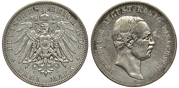 Саксония 3 марки 1909 Е, Фридрих Август III (1904-1918) Weege 132, J. 135, KM 1267 серебро 413-5211