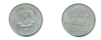 ГДР 20 марок 1972 А, Фридрих Шиллер (1759-1805) KM 40 медно-никель 3333-714