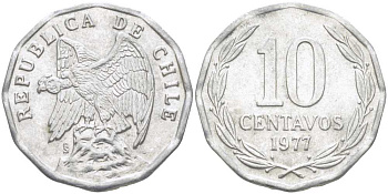 Чили 10 сентаво 1977 KM 205a алюминий 4402-351