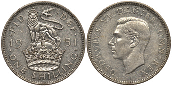 Великобритания 1 шиллинг 1951 Георг VI (1936-1952), Английский герб KM 876, Spink 4108 медно-никель 1082-3-21