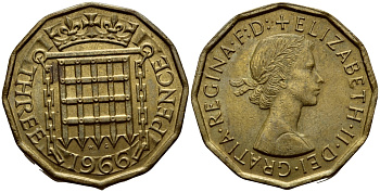 Великобритания 3 пенса 1966 Елизавета II (1952-2022) KM 900, Spink 4153 никель латунь 4393-113