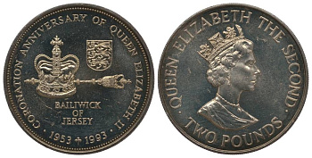 ДЖЕРСИ 2 ФУНТА 1993 40 ЛЕТ КОРОНАЦИИ ЕЛИЗАВЕТЫ II KM 89 медно-никель UNC 00-00