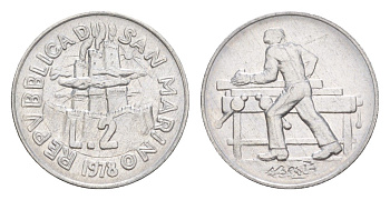 Сан-Марино 2 лиры 1978 Работа KM 77 алюминий UNC 4647-219