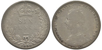 Великобритания 6 пенсов 1890 Виктория (1837-1901) KM 760, Spink 3929 серебро 4114-727