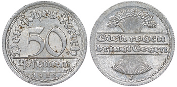 Германия 50 пфеннигов 1921 J KM 27, J. 301 алюминий 4114-853