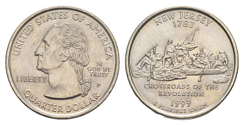 США 25 центов (квотер, 1/4 доллара) 1999 Р, серия штаты США, Нью-Джерси KM 295 медь плакированная медно-никелем aUNC 4652-846