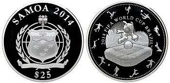 Самоа 25 тала 2014 FIFA, Чемпионат мира по футболу в Бразилии 2014, талисман на поле, 155гр., в оригинальной коробке, с сертификатом KM NEW серебро PROOF 00-000-00