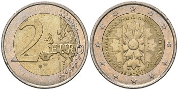 Франция 2 евро 2018 100 лет окончанию Первой Мировой войны биметалл 4606-1232