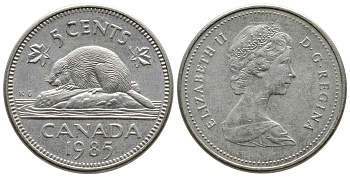 КАНАДА 5 ЦЕНТОВ 1985 ЕЛИЗАВЕТА II, БОБЕР KM 60.2а медно-никель 4364-2626