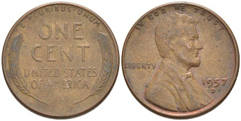 США 1 ЦЕНТ 1957 D, ЛИНКОЛЬН KM А132 медь цинк 218-314