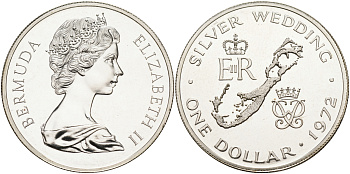 Бермудские острова 1 доллар 1972 серебряная свадьба Елизаветы II KM 22а серебро PROOF 1095-3-13