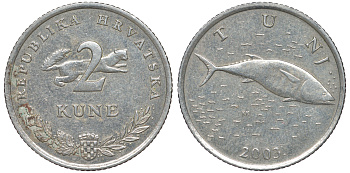 Хорватия 2 куны 2003 тунец, легенда на хорватском KM 10 медно-никель 4513-843