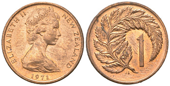 Новая Зеландия 1 цент 1971 Елизавета II (1952-2022), лист папоротника KM 31.1 бронза UNC 4611-424