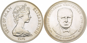 Остров Мэн 1 крона 1974 100 лет со дня рождения Уинстона Черчилля KM 30a серебро UNC 11-173-21