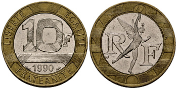 Франция 10 франков 1990 тип Гений Бастилии KM 964.1, Le Frank 375.5 биметалл 4138-327