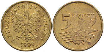 ПОЛЬША 5 ГРОШЕЙ 1990 MW KM 278 латунь 112-1161