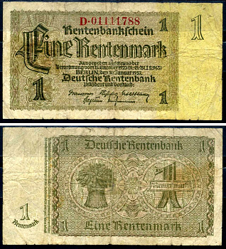 Германия 1 рентенмарка 1937 30 января 1937, восемь цифр в номере, серия D Pick 173 b, Rosenberg 166 b бумага 7376-36-1-1