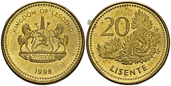 Лесото 20 лисенте 1998 KM 64 сталь плакированная латунью UNC 4602-1131