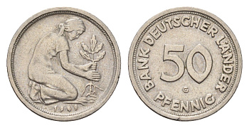 ФРГ 50 пфеннигов 1949 G KM 104, J. 379 медно-никель 4618-1259