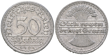 Германия 50 пфеннигов 1921 A KM 27, J. 301 алюминий 4641-624