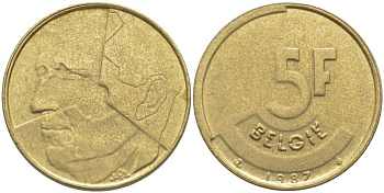 БЕЛЬГИЯ 5 ФРАНКОВ 1987 BELGIE, БОДУЭН I (1951-1993) KM 164 латунь или алюминиевая бронза 119-857