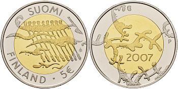 Финляндия 5 евро 2007 90 лет независимости Финляндии в оригинальной коробке, с сертификатом, тираж 20000 экз. KM  биметалл  PROOF  4-3-4-47
