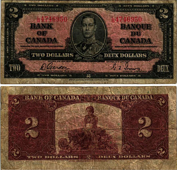 КАНАДА 2 ДОЛЛАРА 1937 ГЕОРГ VI, ПОДПИСЬ GORDON-TOWERS, BABNC Pick 59b бумага 7485-21-3
