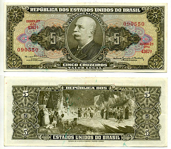 Бразилия 5 крузейро 1962-1964 ESTAMPA 2A, серия 4367, signatures: Sйrgio Augusto Ribeiro & Octбvio Gouvкa de Bulhхes Pick 176d бумага aUNC 7219-28-3-1