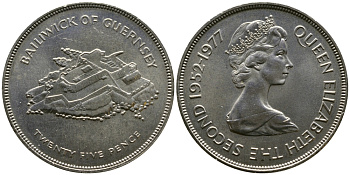 Гернси 25 пенсов 1977 25 лет правления Елизаветы II, крепость KM 31 медно-никель UNC 4044-1021