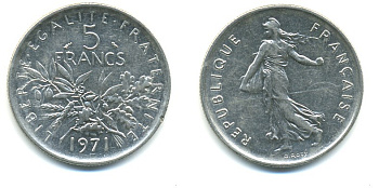 Франция 5 франков 1971 сеятель KM 926a.1, Le Franc 341.3 медно-никель плакированный никелем 57-926