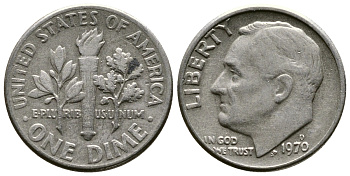 США 10 ЦЕНТОВ = 1 ДАЙМ 1970 D, РУЗВЕЛЬТ KM 195а медь плакированная медно-никелем 73-221