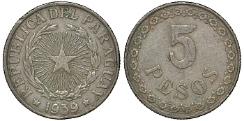 ПАРАГВАЙ 5 ПЕСО 1939 ГОД ТИП KM 18 медно-никель 72-1526