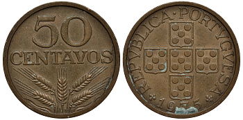 ПОРТУГАЛИЯ 50 СЕНТАВО 1975 KM 596 бронза 4182-331