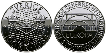 Швеция 100 крон 1984 Карл XVI Густав (1973- ), Стокгольмская конференция KM 863 серебро UNC 1527-511