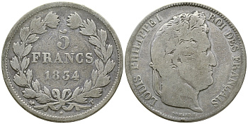 Франция 5 франков 1834 T, Луи Филипп I (1830-1848) KM 749.12 серебро 1066-6-42