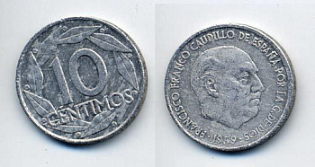 Испания 10 сентимо 1959 Франсиско Франко (1939-1975) KM 790 алюминий 54-1317