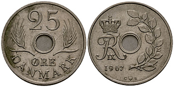 Дания 25 эре 1967 С; S, Фредерик IX (1947-1972) KM 855.1 медно-никель 4176-545