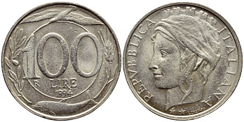 ИТАЛИЯ 100 ЛИР 1994 R KM 159 медно-никель 4397-537
