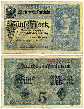 ГЕРМАНИЯ 5 МАРОК 1917 1 АВГУСТА 1917, ВОСЕМЬ ЦИФР В НОМЕРЕ СЕРИИ, СЕРИЯ Р Pick 56b, Rosenberg 54b бумага 8613-7-2-2