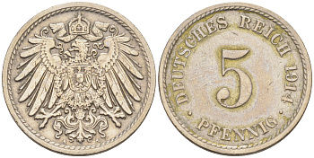 ГЕРМАНИЯ 5 ПФЕННИГОВ 1914 А, KM 11, J. 12 медно-никель 188-368