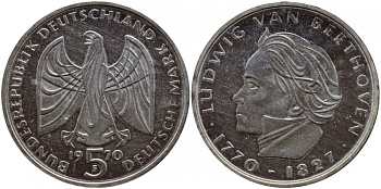 ФРГ 5 марок 1970 F. 200 лет со дня рождения Людвига ван Бетховена KM 127, J. 408 серебро PROOF 1520-1313