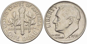 США 10 ЦЕНТОВ = 1 ДАЙМ 1968 РУЗВЕЛЬТ KM 195а медь плакированная медно-никелем 105-651