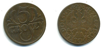 ПОЛЬША 5 ГРОШЕЙ 1935 w KM 10a бронза 46-533