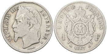Франция 1 франк 1867 K, Наполеон III (1852-1870) KM 806.3 серебро 4616-512