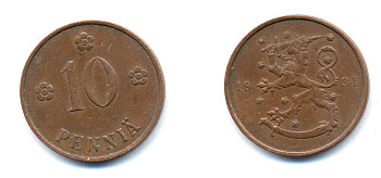 Финляндия 10 пенни 1934 республика (1918-1962) KM 24 медь 51-5414