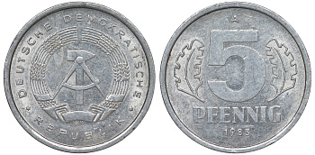 ГДР 5 ПФЕННИГОВ 1983 A КМ 9.2 алюминий 62-523